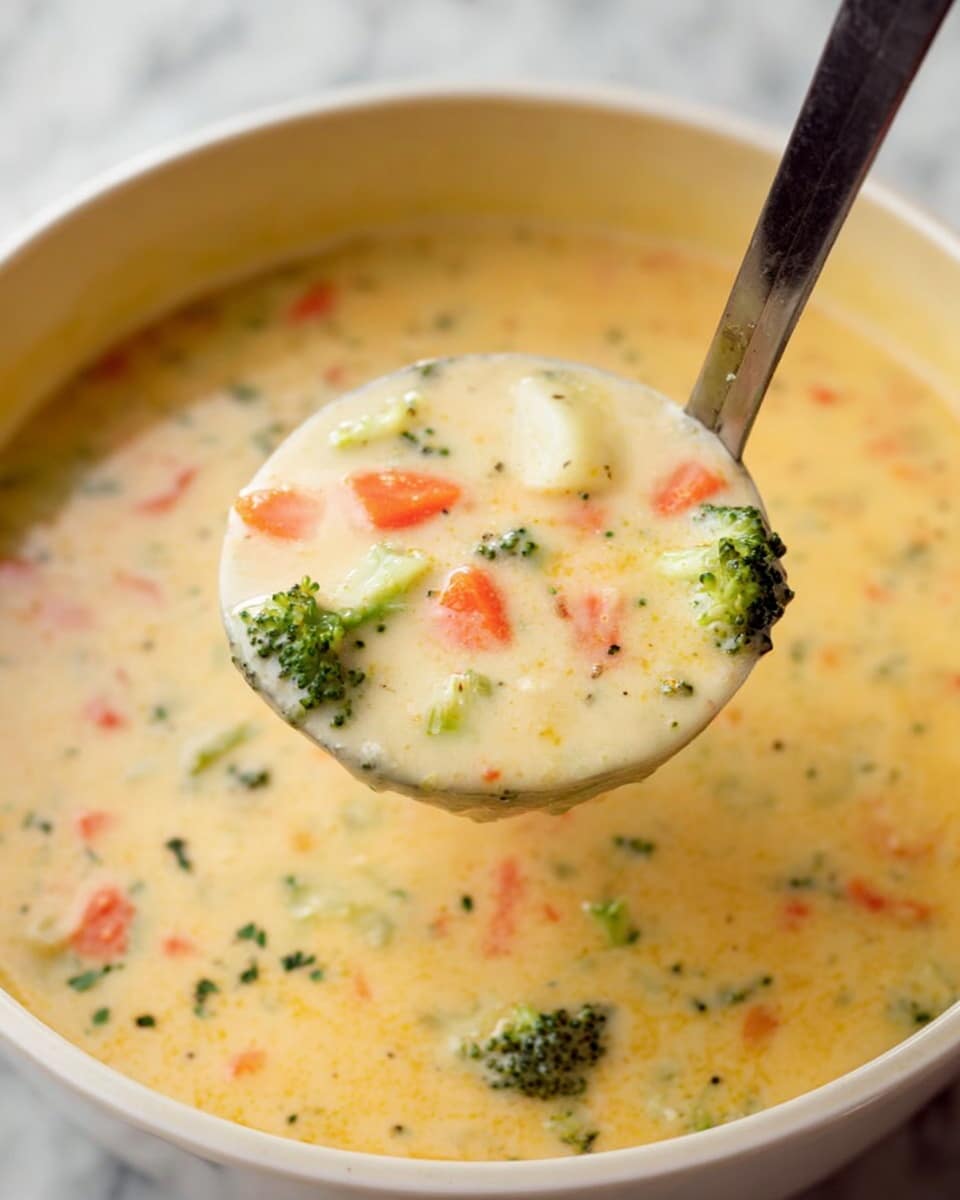 A close-up view of a ladle holding thick creamy soup with visible chunks of bright orange carrots, small green broccoli florets, and white potato pieces, all mixed in a light yellow creamy base. The ladle, made of metal, is lifted above a white bowl filled with the same soup. The background is a white marbled texture, highlighting the warm and comforting colors of the soup photo taken with an iphone --ar 4:5 --v 7