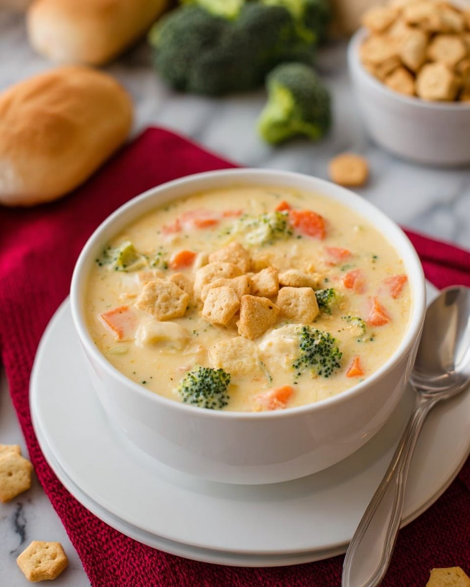 A white bowl filled with creamy soup showing small pieces of broccoli, orange carrot slices, and small white bits of chicken or vegetable throughout. The top is sprinkled with many small hexagon-shaped crackers. The bowl sits on a white round plate on a white marbled surface, with a silver spoon next to it. Around the bowl, there are two bread rolls, some loose hexagon crackers, fresh broccoli pieces, and a white bowl of crackers in the background. The scene is warm and inviting with a red cloth on the side. Photo taken with an iphone --ar 4:5 --v 7