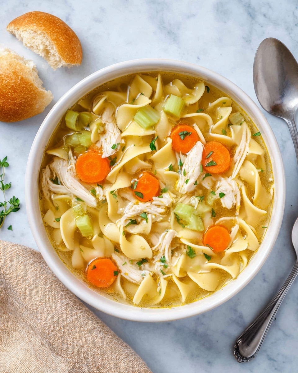 A white bowl filled with chicken noodle soup sits on a white marbled surface. The soup has several layers: at the bottom is a light golden broth, followed by thick egg noodles twisted into short spirals with a pale yellow color. Scattered among the noodles are chunks of shredded white chicken meat, thin slices of orange carrots, celery pieces with a light green hue, and small cubes of white potato. Small green herb leaves are sprinkled on top, adding a fresh touch. Next to the bowl are two pieces of white bread with a soft, airy inside, and two silver spoons rest behind the bowl. Photo taken with an iphone --ar 4:5 --v 7