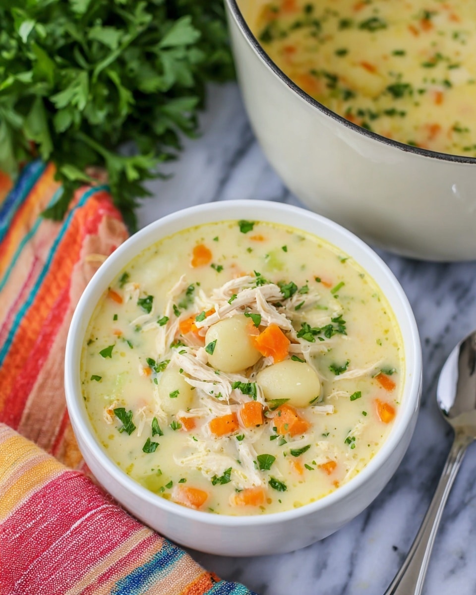 The image shows a white bowl filled with a creamy soup that has three main layers: the base is a thick, pale yellow cream; the middle layer is made of small orange carrot cubes and white gnocchi; on top, there are shredded pieces of chicken and some finely chopped green herbs sprinkled all over. To the side, there's a white pot with the same soup and a colorful striped cloth beneath its handle. In the background, there is a bunch of green leafy herbs on a white marbled surface, and a silver spoon rests nearby. photo taken with an iphone --ar 4:5 --v 7