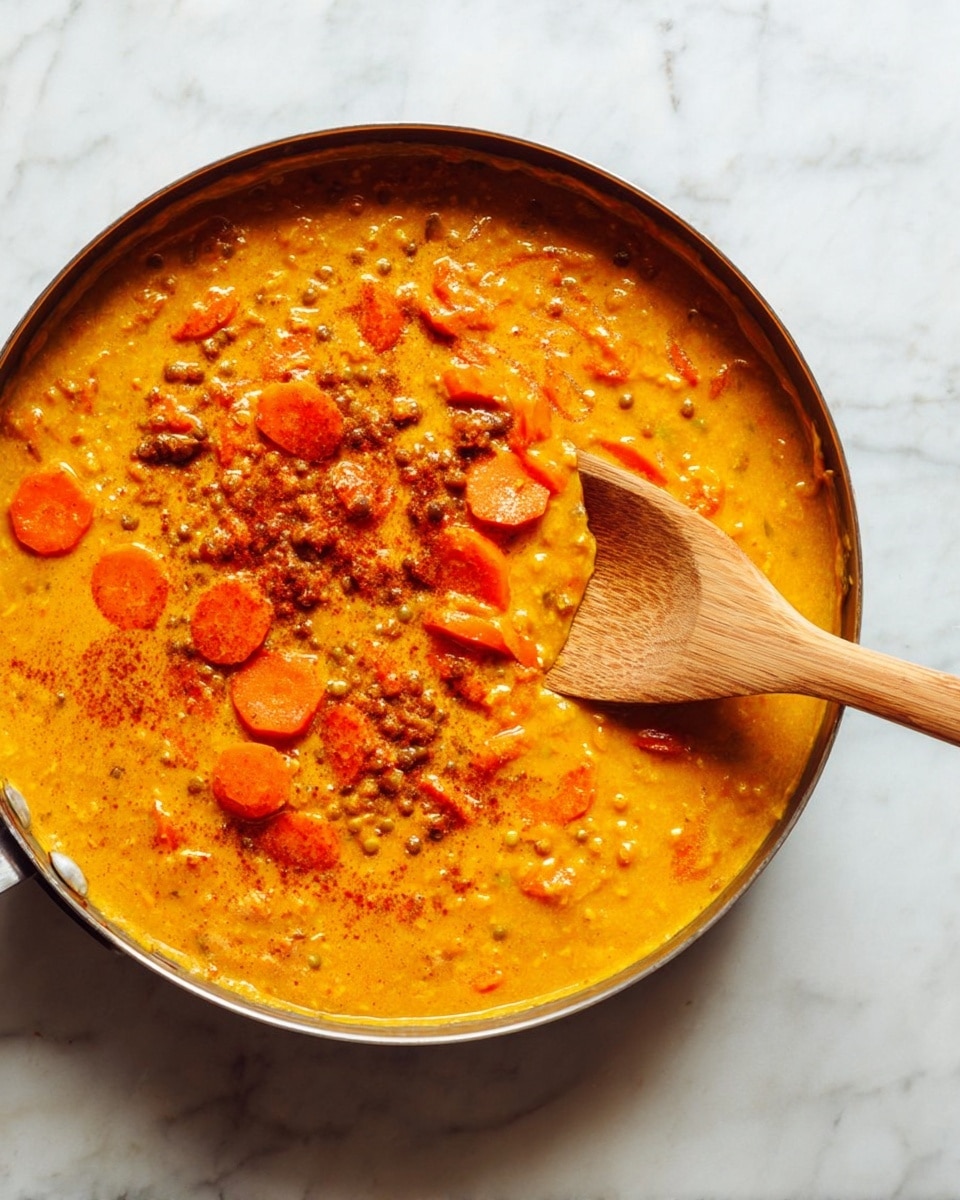 A round pan filled with a thick orange soup or stew with visible slices of cooked carrots and small bits of lentils or grains mixed in. The dish has a creamy texture with a sprinkling of reddish-brown spice on top. A wooden spoon rests inside the pan, partially submerged in the mixture. The background is a white marbled surface. photo taken with an iphone --ar 4:5 --v 7