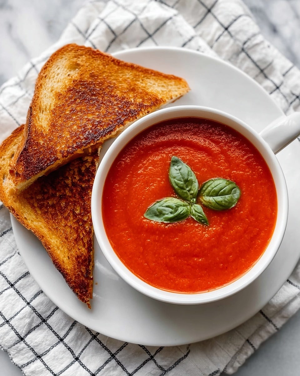 The image shows a white bowl filled with smooth, thick, bright red tomato soup, topped with two fresh green basil leaves placed near the center. The soup has a slightly textured surface with tiny specks visible, and a small swirl in the middle adds a slight variation to the smoothness. Another bowl with the same soup is partially visible nearby, and both bowls sit on a white marbled surface with a white cloth that has black lines softly folded beside them. photo taken with an iphone --ar 4:5 --v 7