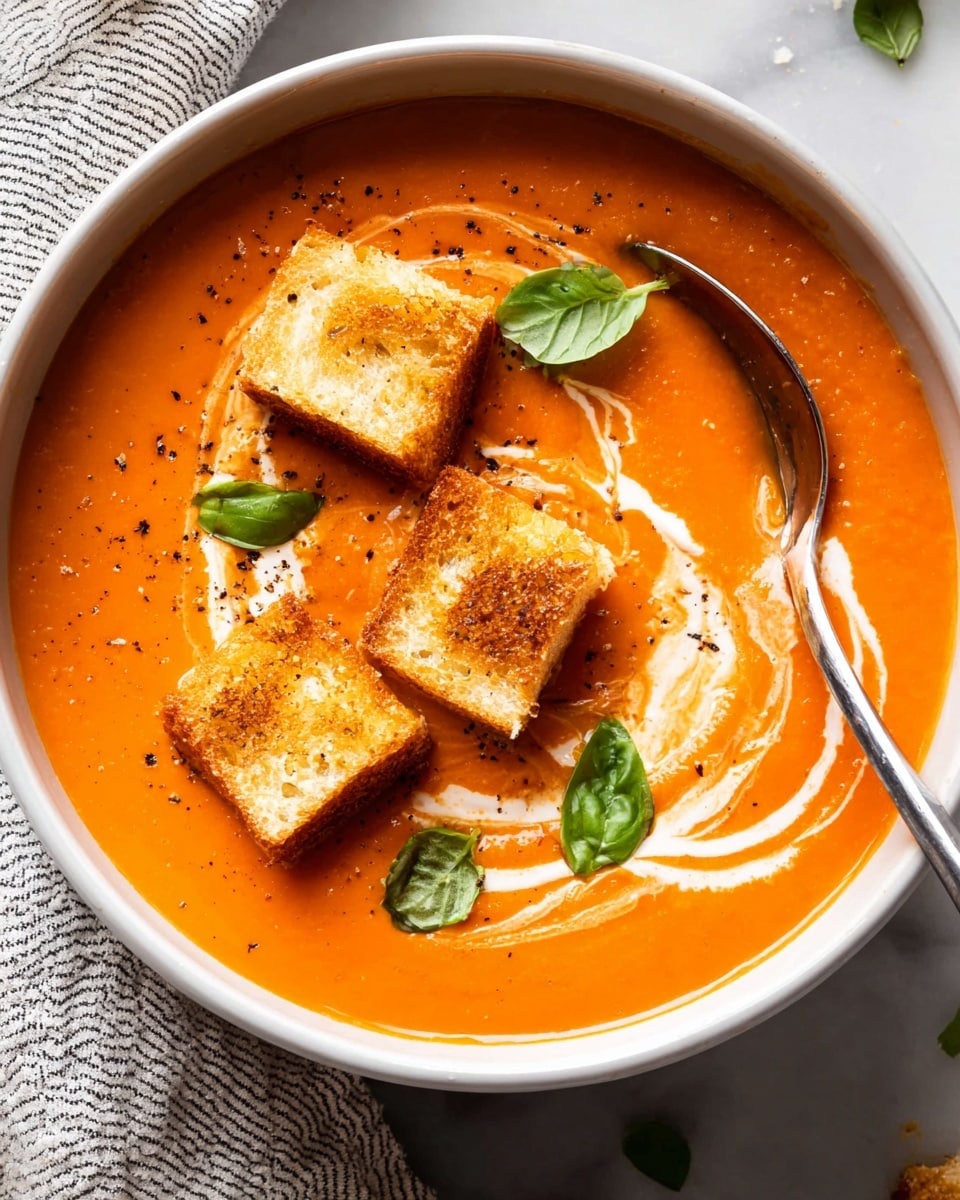 A white bowl filled with smooth orange tomato soup, with a swirl of white cream stirred gently on the surface. Three square pieces of golden toasted bread, with a crunchy texture, float on top. Small green basil leaves are scattered around the bread, with tiny black pepper specks sprinkled over the soup and bread. A shiny silver spoon dips into the soup on the right side of the bowl, all placed on a white marbled surface with a striped cloth nearby. Photo taken with an iphone --ar 4:5 --v 7