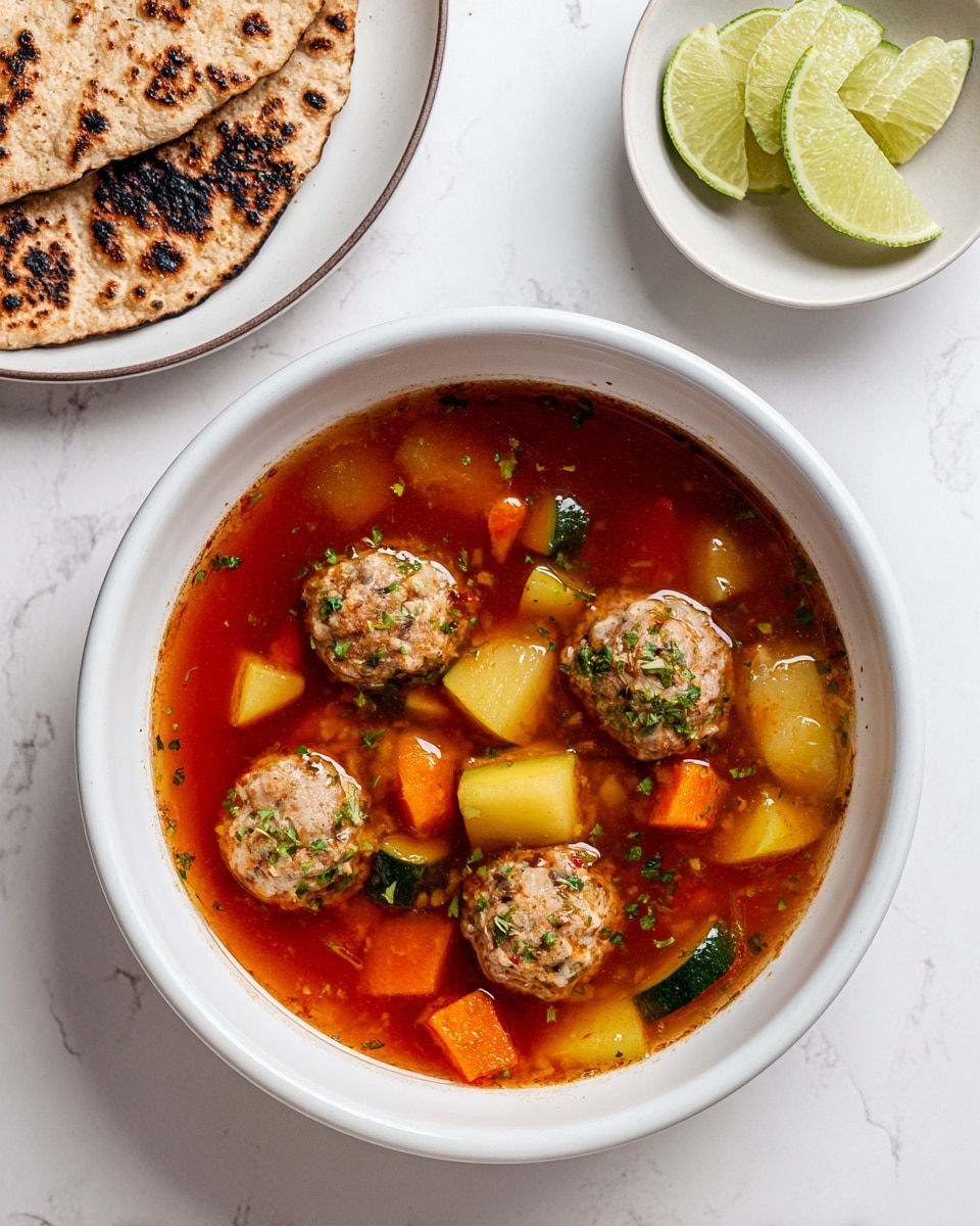 A white bowl filled with a clear red broth soup, containing five small round meatballs with visible rice and herbs inside. The soup also has chunks of yellow potatoes, orange carrots, and green zucchini scattered throughout. The soup is garnished with small green herb pieces on top. To the upper left, there is a white plate with charred pita bread and a small white bowl with four lime wedges on a white marbled surface. Photo taken with an iphone --ar 4:5 --v 7