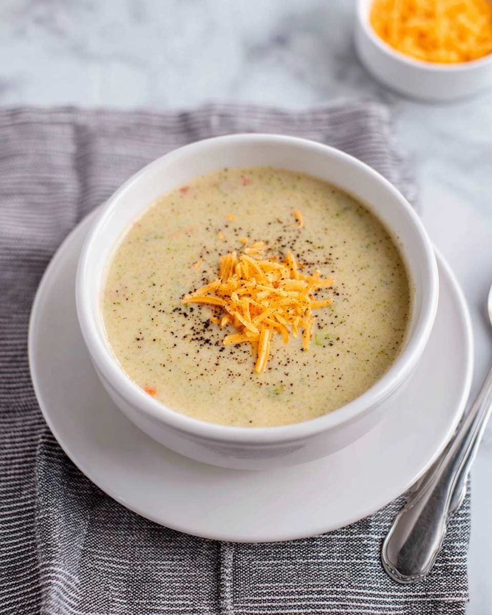 A white bowl holds a creamy, light green soup with small bits of vegetables visible inside. On top of the soup in the center is a small pile of shredded orange cheese sprinkled with black pepper. The bowl is placed on a white plate that sits on a gray striped cloth over a white marbled surface. In the background, a small white bowl with more shredded orange cheese and a shiny silver spoon are partially shown. Photo taken with an iphone --ar 4:5 --v 7