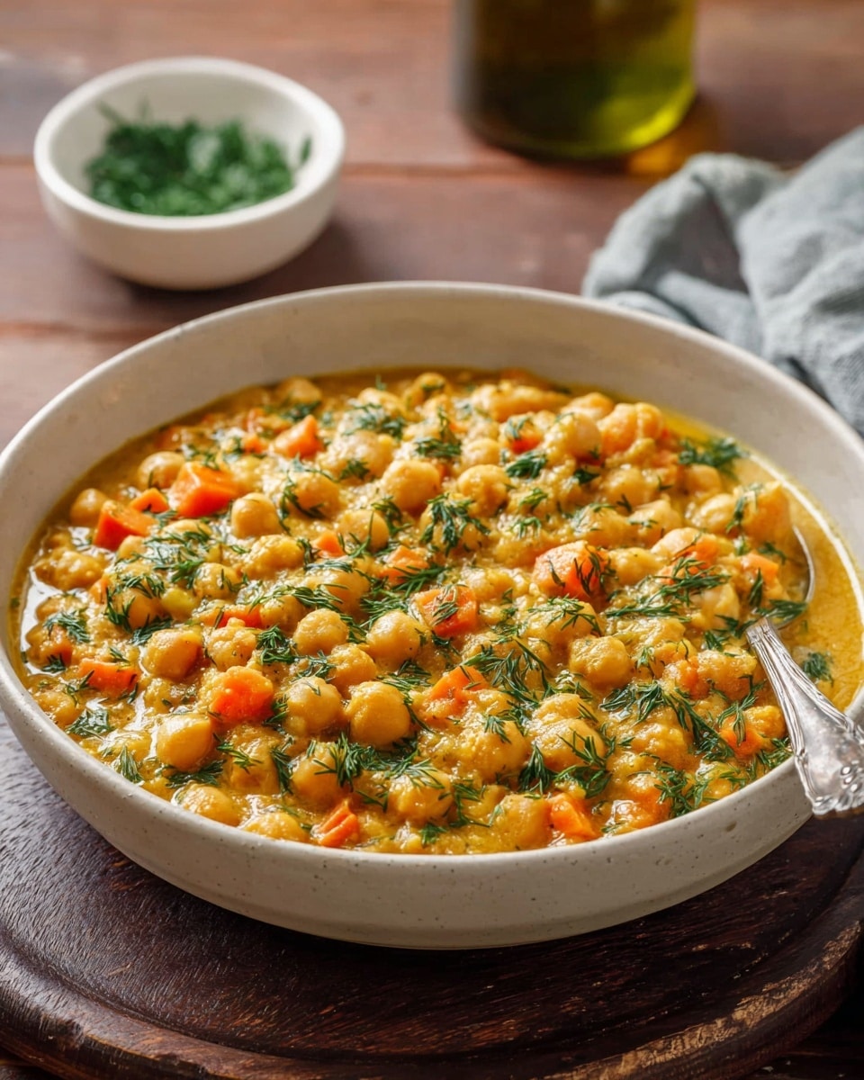 A deep white bowl filled with a thick stew made of chickpeas and small orange carrot pieces mixed in a rich yellow-orange sauce. The stew looks creamy with a slightly oily shine on top. Scattered green dill leaves are spread across the surface, adding a fresh touch. A silver spoon rests on the right side of the bowl, and in the background, there is a small white bowl with some green herbs and a bottle on a wooden table. Photo taken with an iphone --ar 4:5 --v 7