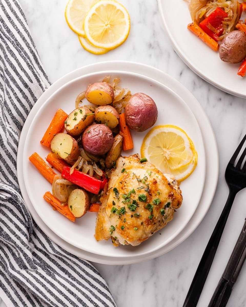 A white plate on a white marbled surface holds a meal with two main parts: on the right side, a cooked piece of chicken with a light golden brown color and small green herb pieces on top, showing a slightly crispy texture; on the left side, a mix of vegetables including small round red potatoes, carrot slices, red bell pepper strips, and translucent cooked onions, all with a soft texture and warm colors; two thin lemon slices are placed near the plate on the surface, and a black fork and knife rest on a black and white striped cloth nearby. Photo taken with an iphone --ar 4:5 --v 7