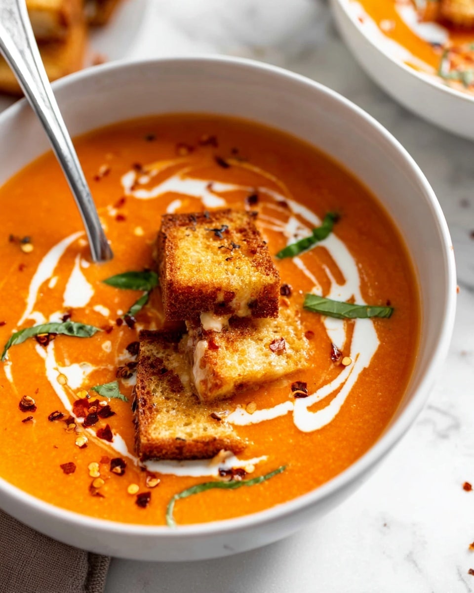 A white bowl filled with bright orange creamy soup, topped with three golden brown toasted sandwich squares with melted cheese inside. There are swirls of white cream on the soup's surface, scattered thin green basil leaves, and small dark red chili flakes sprinkled evenly. A silver spoon is placed inside the bowl on the left side, partially immersed in the soup. The bowl sits on a white marbled surface with a soft focus background. photo taken with an iphone --ar 4:5 --v 7