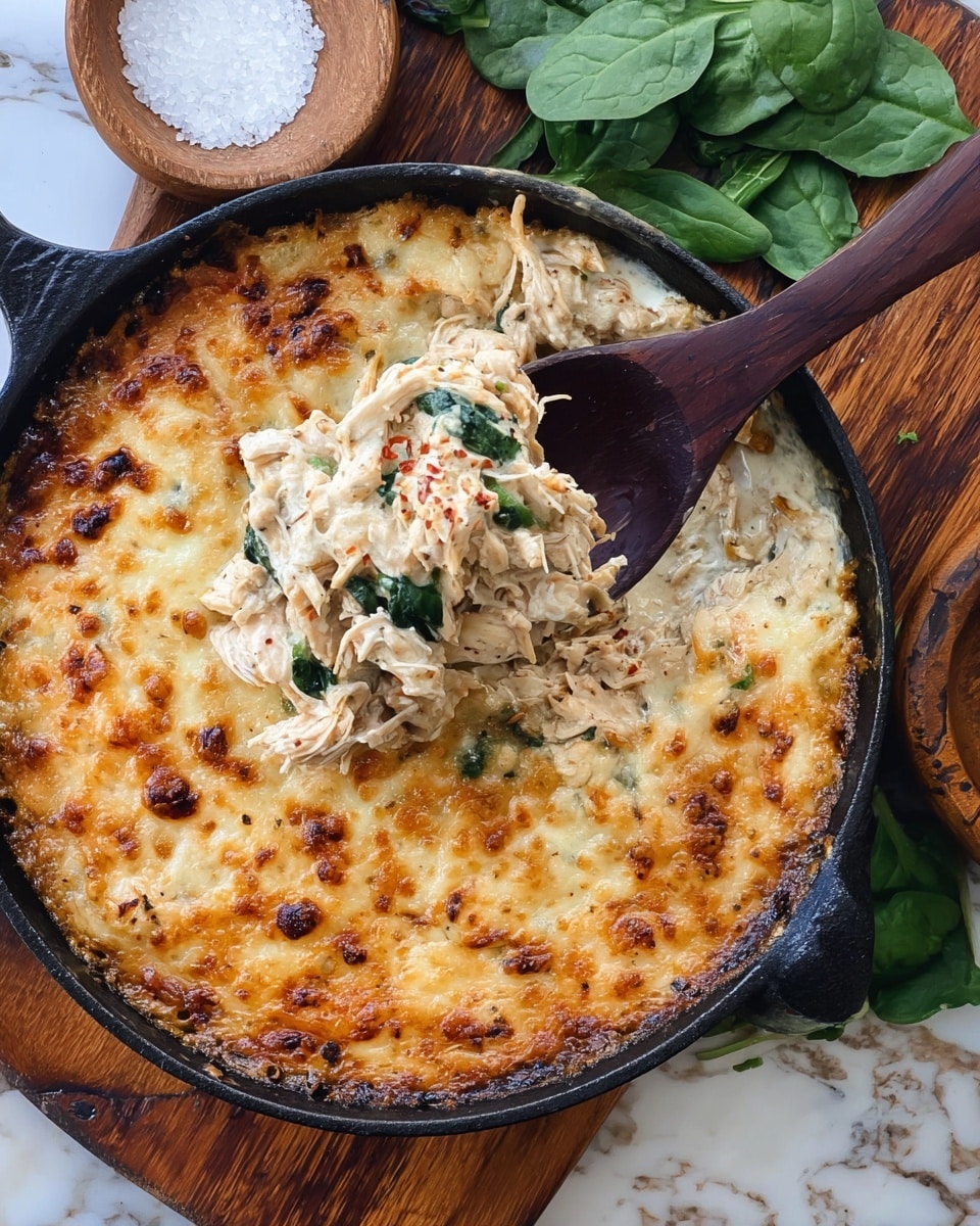 The image shows a golden-brown baked casserole in a black cast iron pan. The top layer is a thick, bubbly melted cheese with browned spots scattered, giving it a crispy texture. Under the cheese, you can spot small bits of green herbs and bits of red, likely vegetables, mixed in a creamy, lightly textured layer. The pan rests on a wooden board over a white marbled surface while a small brown bowl with salt and parts of another brown bowl with chips are visible at the edges. photo taken with an iphone --ar 4:5 --v 7