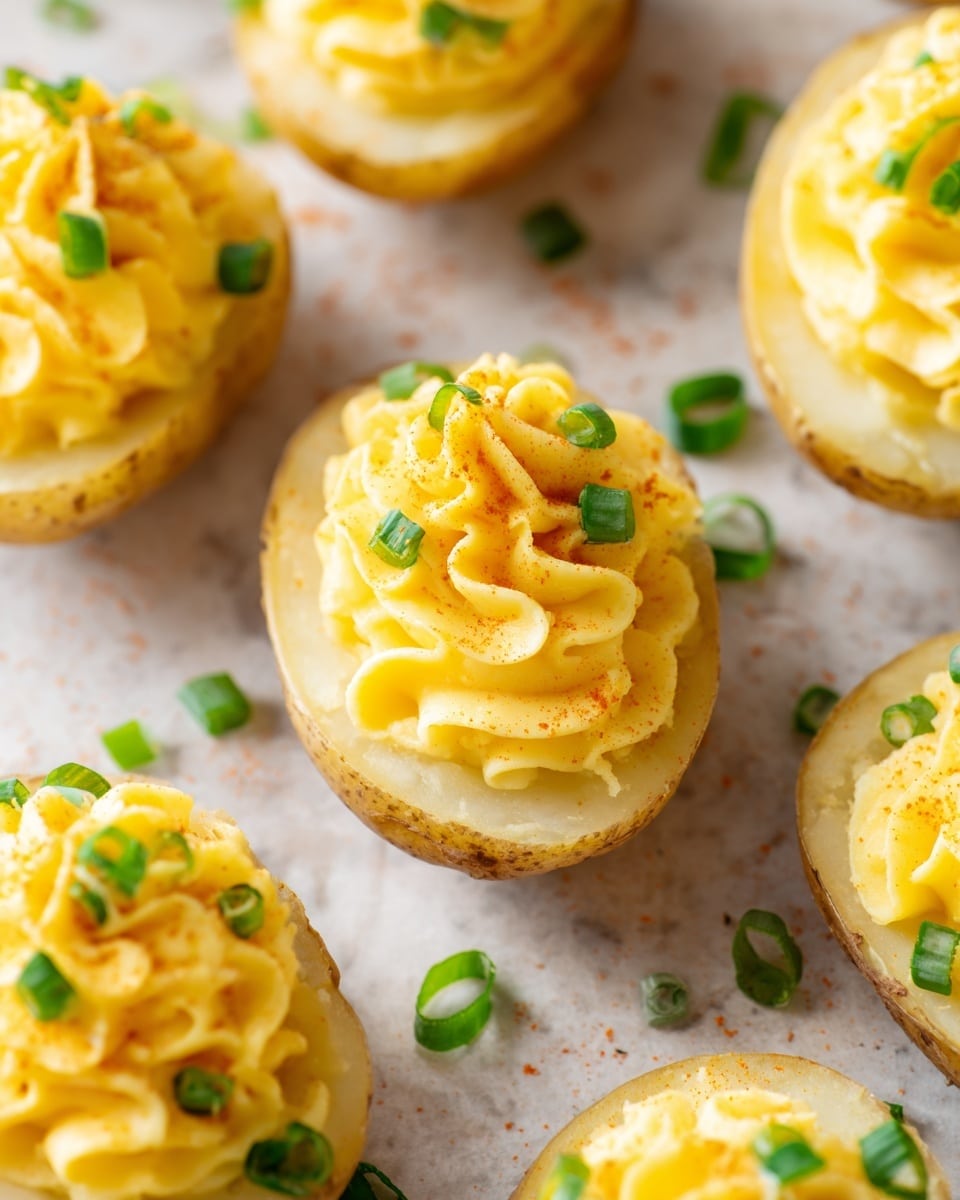 The image shows several yellow potato halves placed on a white marbled surface. Each potato half has a fluffy, creamy yellow filling that is piped in a decorative swirl on top. The filling is speckled with light orange seasoning. Bright green chopped scallions are sprinkled over each filled potato half, adding a fresh touch of color. The potatoes have a smooth, slightly shiny texture with visible skin edges. The arrangement is close-up and fills the frame naturally. photo taken with an iphone --ar 4:5 --v 7