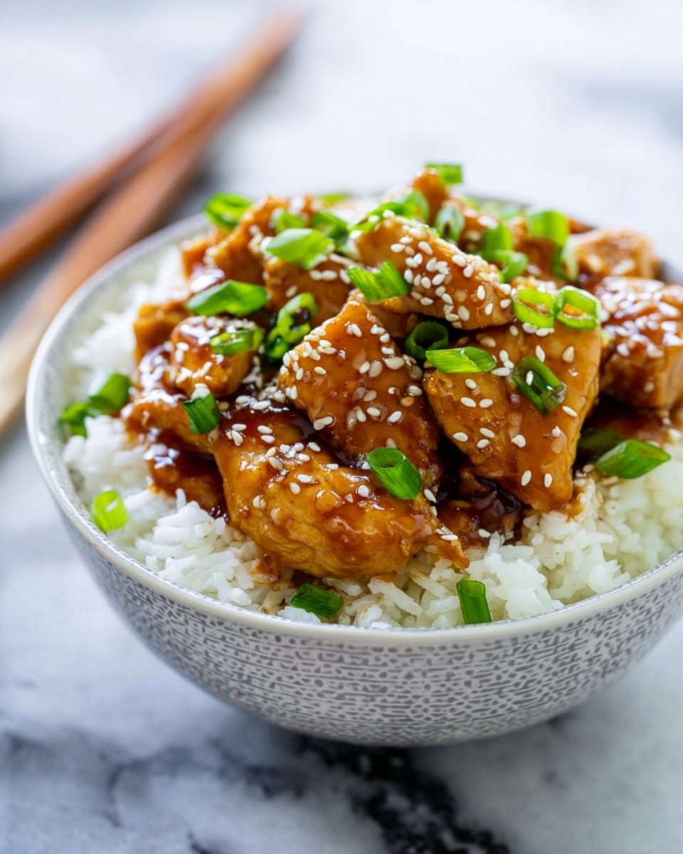 A bowl filled with a base layer of fluffy white rice, topped with tender pieces of golden-brown chicken covered in a shiny, thick dark brown sauce. The chicken layer has a slightly glossy texture, with scattered white sesame seeds and bright green chopped scallions adding contrast and freshness on top. The bowl is white with a subtle gray pattern, placed on a white marbled surface with a pair of wooden chopsticks resting in the background. photo taken with an iphone --ar 4:5 --v 7