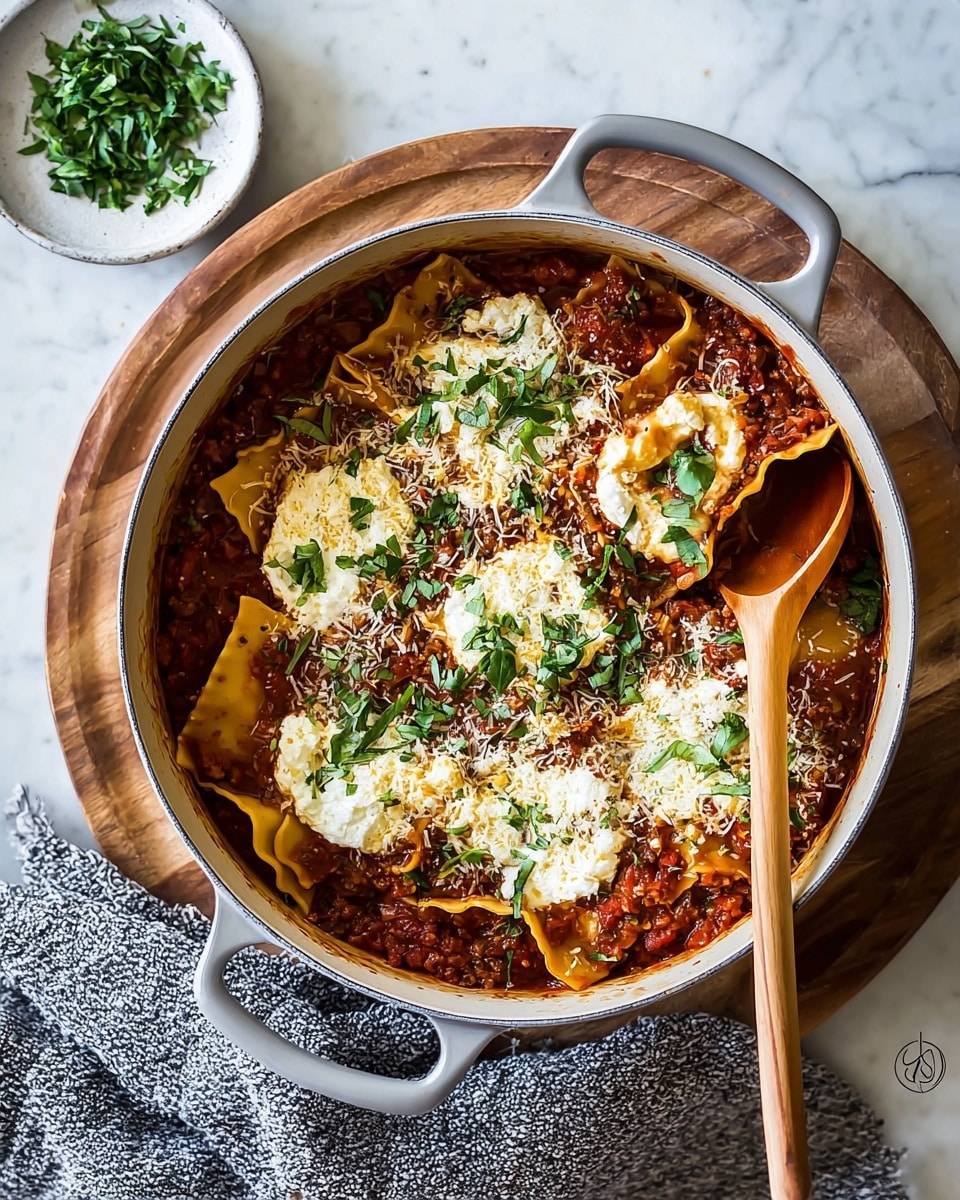 A pot filled with layers of lasagna showing a rich red meat sauce at the bottom covered with wide pasta strips, topped by dollops of white creamy ricotta cheese and scattered shredded white mozzarella, garnished with fresh chopped green basil leaves. A wooden spoon is resting inside the pot, stirring the cheese on the top layer. The pot is light grey and sits on a round wooden board over a white marbled surface. Nearby, there is a small white plate with extra chopped basil leaves and a textured grey cloth. photo taken with an iphone --ar 4:5 --v 7