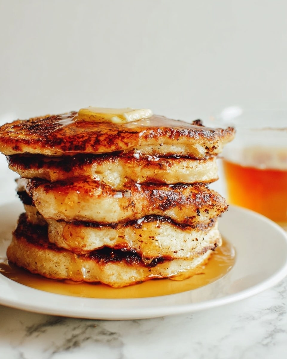 A stack of five thick pancakes is piled on a white plate, sitting on a white marbled surface. Each pancake is golden brown with a slightly crispy, dark-spotted edge, showing a rough, textured surface. The top pancake has a melting pat of butter creating a shiny, smooth patch, while amber syrup drips over the stack, pooling lightly around the base. To the right side of the plate, a clear glass container holds more syrup, slightly blurred but adding a warm, amber color to the scene. The background is plain and light, making the stack of pancakes the main focus. Photo taken with an iphone --ar 4:5 --v 7