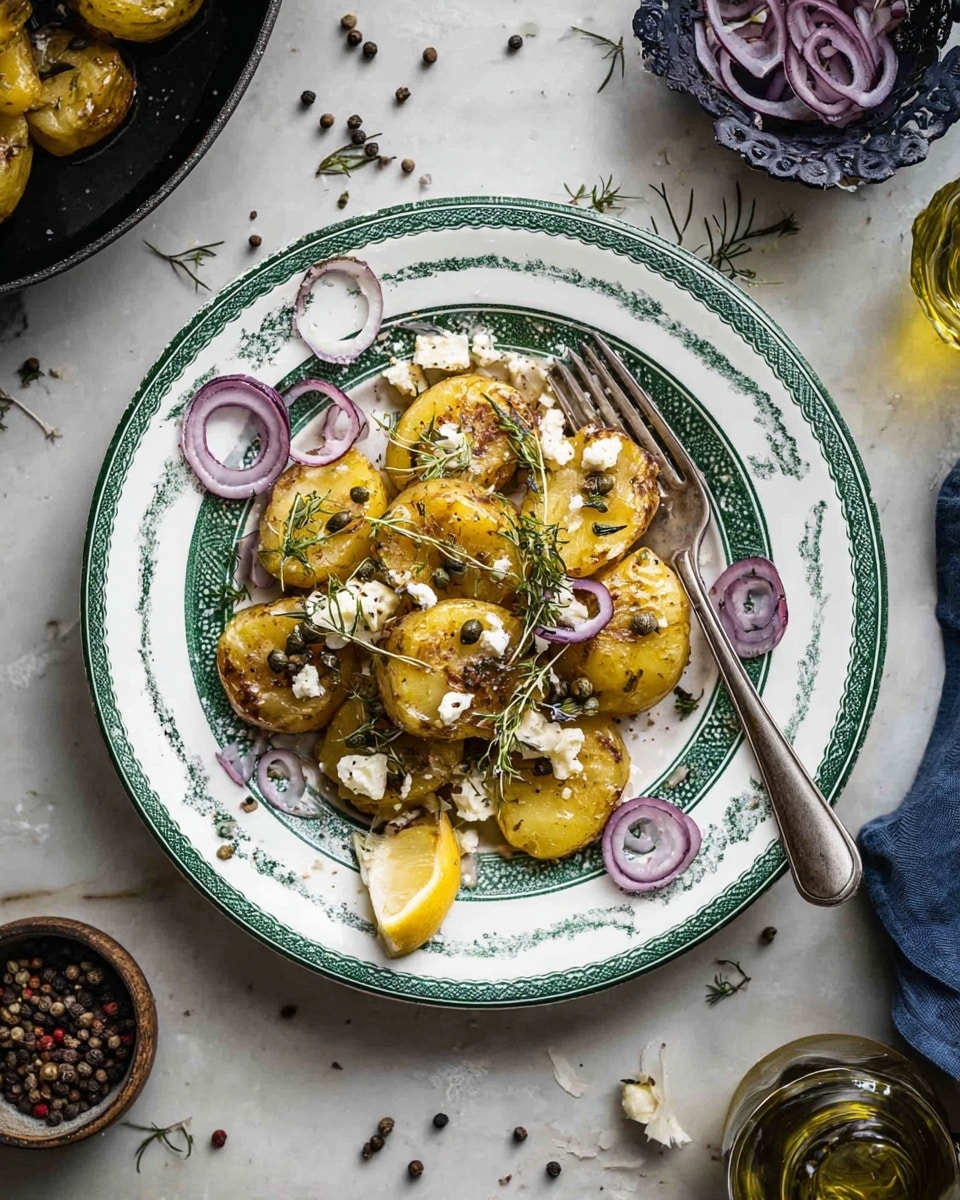 The dish shows several smashed golden-brown potatoes arranged in the center of a large white plate with green pattern around the edge. The potatoes are topped with small white cheese crumbles scattered unevenly across, thin rings of purple onion, small green capers, and a few sprigs of fresh herbs. There is a yellow lemon wedge placed beside the potatoes. A silver fork lies resting on the edge of the plate. The plate sits on a white marbled surface, surrounded by scattered peppercorns, a small bowl with more onion rings, a glass container of olive oil, and a black pan with more potatoes in the background. photo taken with an iphone --ar 4:5 --v 7