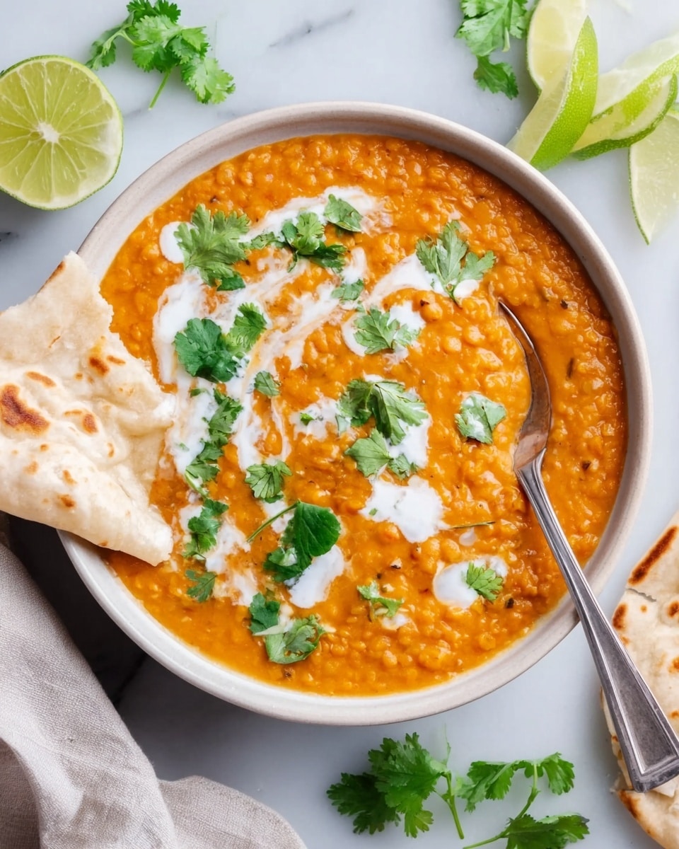 A white plate holds a creamy orange lentil curry spread on one half, with thick texture and small lentil pieces visible. On the other half, there is a neat mound of fluffy white rice topped with a small yellow lime wedge and sprinkled with red chili flakes and a few green cilantro leaves. Dabs of white cream are scattered over the lentil curry, and fresh cilantro leaves garnish both the curry and rice. The plate sits on a light beige cloth with some scattered green cilantro leaves around. In the background on the white marbled surface are some folded naan bread pieces with dark brown spots, a bowl of white rice with green coriander sprinkled on top, lime wedges, and a small beige bowl holding whole and sliced limes. A spoon rests in a bowl containing more of the orange curry. Photo taken with an iphone --ar 4:5 --v 7