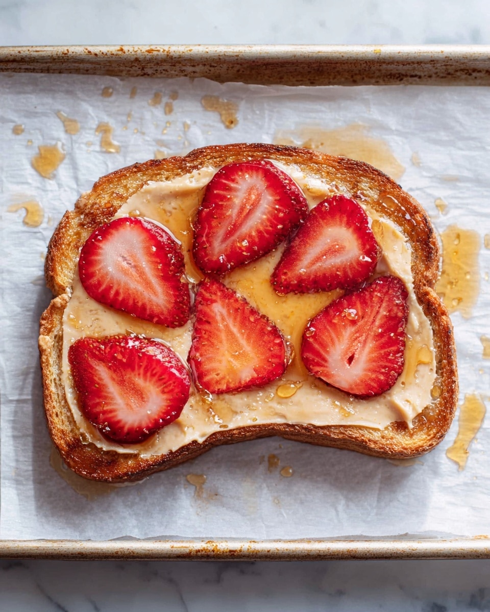 A single slice of toasted bread with a golden brown crust sits on white parchment paper atop a vintage baking tray. The toast is covered with a smooth, creamy light tan spread as the first layer. On top are five bright red strawberry slices, evenly spaced across the toast, their juicy texture visible. A shiny layer of honey is drizzled over the toast and strawberries, with some drops on the parchment around it, adding a glossy look. The tray edges are slightly worn and add rustic detail to the image. The background features a white marbled texture. photo taken with an iphone --ar 4:5 --v 7