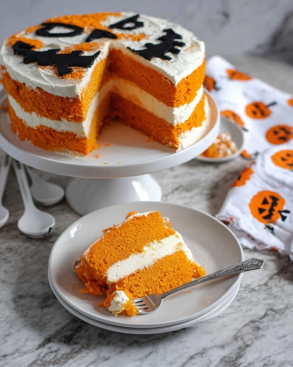A three-layer cake with bright orange cake layers that have a slightly rough texture. The top layer is decorated with a black spooky jack-o'-lantern face featuring sharp, jagged eyes, a small diamond-shaped nose, and a wide toothy grin that looks fierce. Between each orange cake layer, there is a thick white creamy layer that looks smooth and soft. The cake sits on a white marbled surface with a black and white spatula nearby and pieces of fabric with small jack-o'-lanterns in the background. photo taken with an iphone --ar 4:5 --v 7