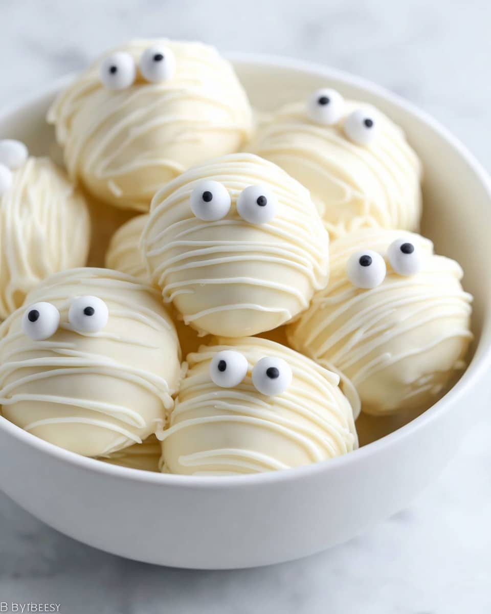 A white bowl full of round treats covered in smooth, white icing with thin lines of extra white icing drizzled on top. Each treat has two small, round white candy eyes with little black dots for pupils placed near the top. The treats are stacked, showing smooth texture and the eye decorations facing in different directions. The bowl sits on a white marbled surface. photo taken with an iphone --ar 4:5 --v 7