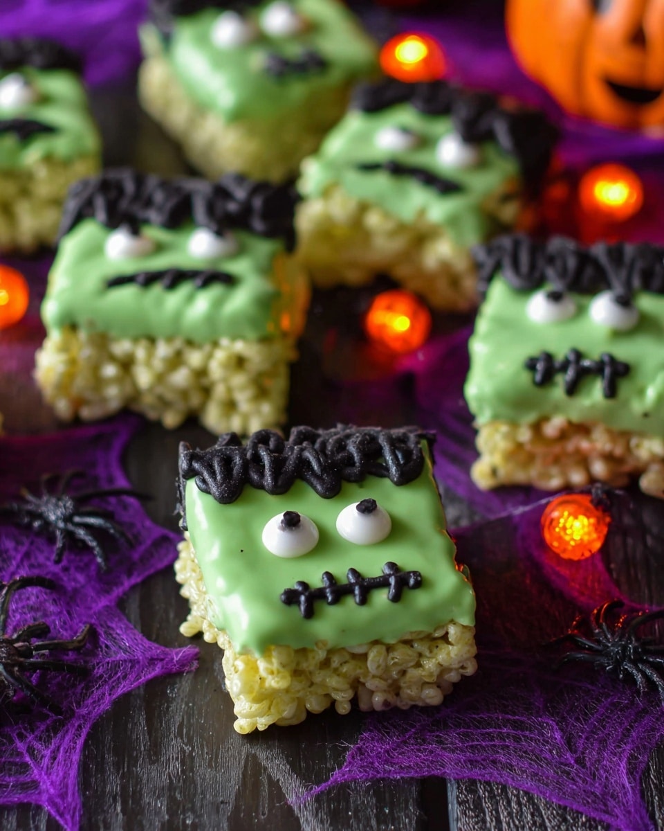 The image shows small square-shaped treats with three clear layers: the bottom layer is light green crispy rice, the middle layer is smooth light green coating covering the whole treat, and the top layer features black icing shaped like flat hair with jagged edges. Each treat has two white candy eyes with black centers placed near the top center, and a black icing mouth that looks like stitched lines near the bottom center. The treats are placed on a dark wooden surface with some purple spider web decorations and small orange glowing pumpkin lights around them. The background has a white marbled texture. Photo taken with an iphone --ar 4:5 --v 7