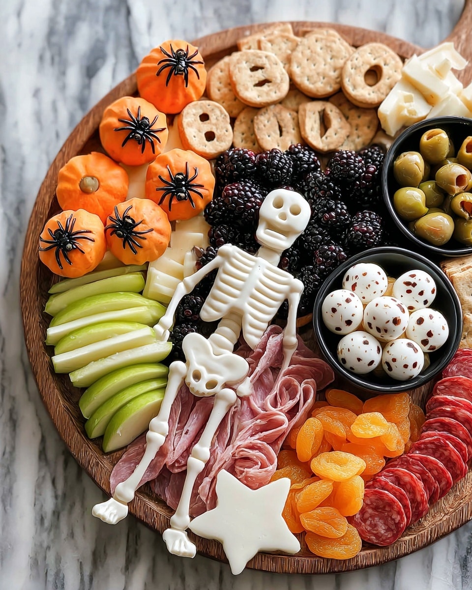A wooden round board holds a Halloween-themed charcuterie arranged in layers. On the left, bright orange pumpkin-shaped cheese slices with small black plastic spiders on top form the first layer. On top of this are beige letter cookies spelling