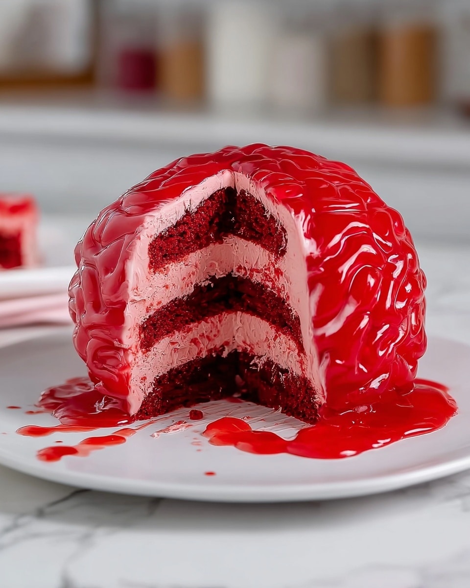 The image shows a three-layer red cake shaped like a brain on a white plate. The cake layers are dark red with light pink frosting between each layer. The outside is covered in bright red jelly that looks shiny and wet, giving it the shape and texture of a brain with grooves and folds. Some of the jelly has dripped onto the white plate. The background has a white marbled texture with some blurred kitchen items. Photo taken with an iphone --ar 4:5 --v 7