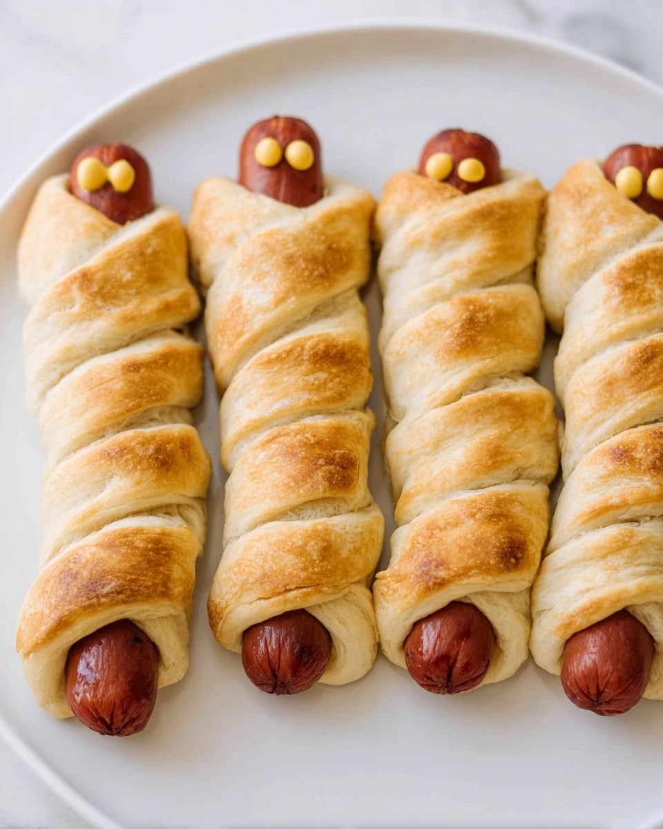 The image shows four hot dogs wrapped in a light golden-brown dough that spirals around each sausage in multiple layers. Each hot dog is fully wrapped except for two small mustard dots placed near the top to look like eyes. The dough is fluffy and slightly textured with a baked finish, while the hot dogs have a smooth, reddish-brown surface. They are laid out in a neat row on a white plate, set on a white marbled surface. Photo taken with an iphone --ar 4:5 --v 7