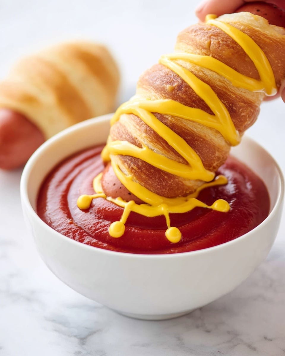 A white bowl filled with smooth, shiny red ketchup topped with a spiderweb pattern made from bright yellow mustard. A woman's hand holds a wrapped sausage on a light golden wrapped pastry above the bowl, with the pastry spiraled evenly around the sausage, showing two small mustard dots near the top. The bowl sits on a white marbled surface with a soft and bright background. photo taken with an iphone --ar 4:5 --v 7