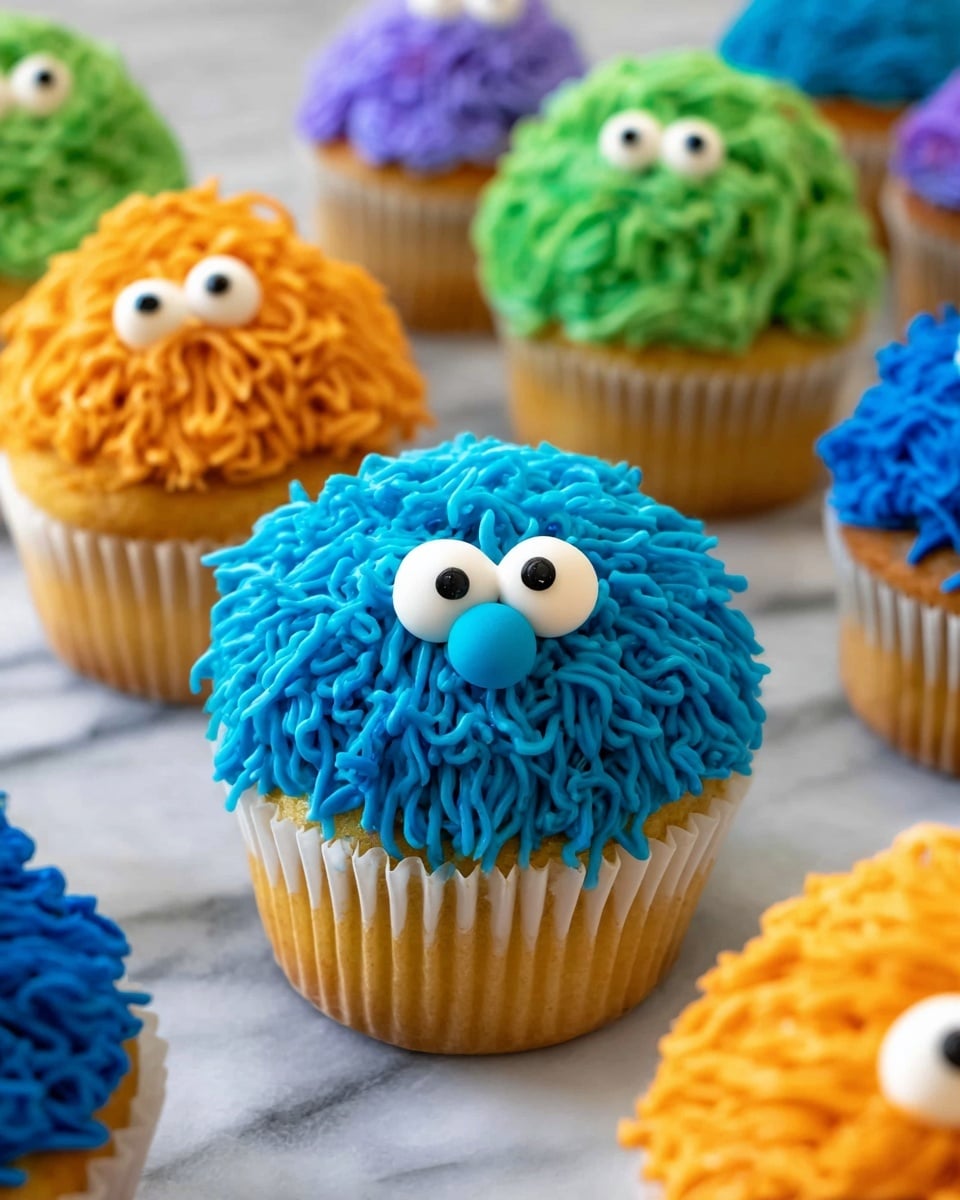 A close-up view of a cupcake with bright blue frosting shaped like wavy strands covering the top, forming a textured, curly layer with two white candy eyes featuring black pupils placed near the center and a small white dot below resembling a nose or mouth; the cupcake has a light golden-brown base with white paper liner. Around it, there are several other cupcakes with the same design but frosting in different colors like green, orange, purple, and blue, each topped with white candy eyes. All cupcakes are on a white marbled surface. photo taken with an iphone --ar 4:5 --v 7