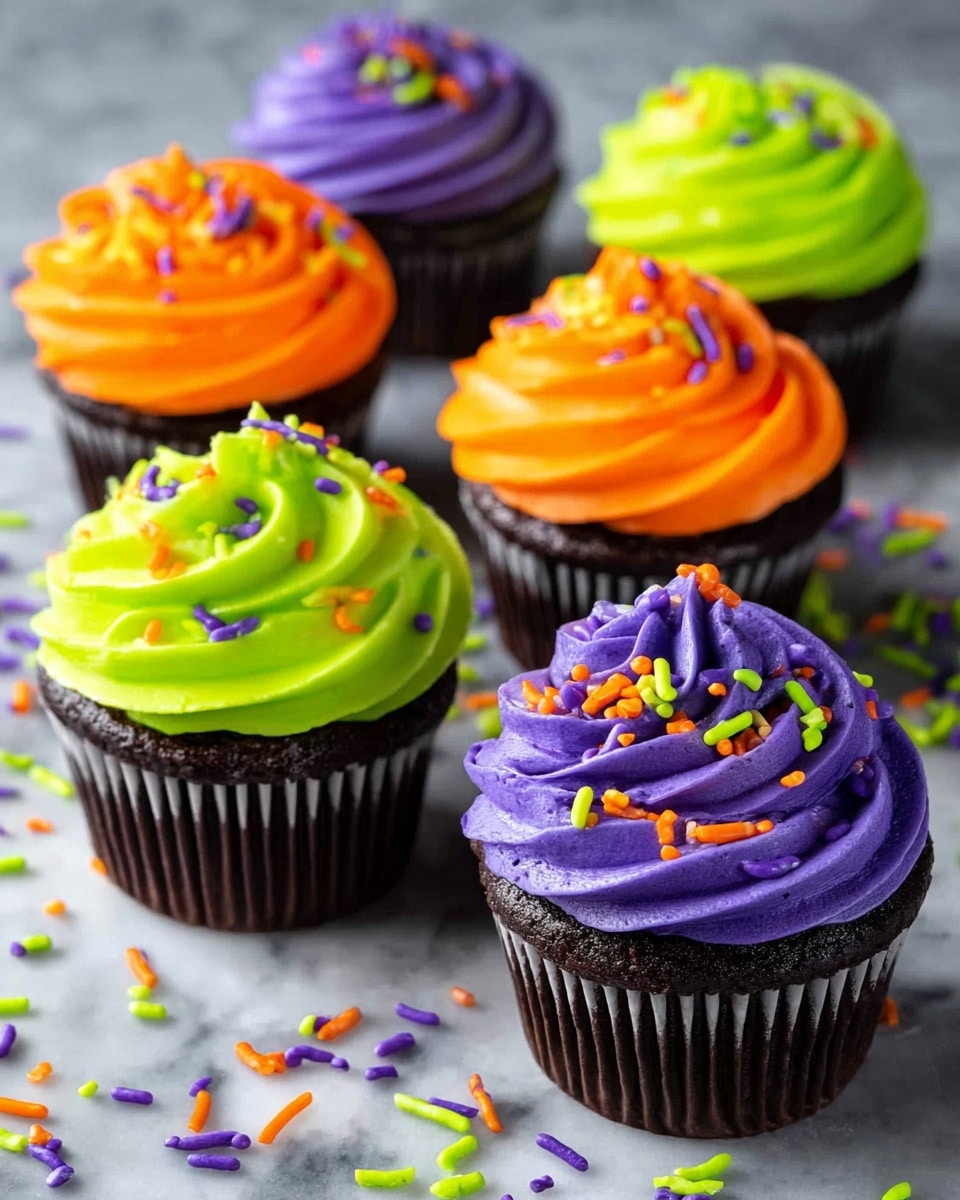 There are six cupcakes shown, each with a dark chocolate base and brightly colored frosting swirled on top in two layers. Three cupcakes have bright orange frosting with a smooth, creamy texture, and three have a vibrant purple frosting with a soft, thick swirl. Two cupcakes feature bright green frosting with a slightly shiny finish. All cupcakes are decorated with small round and stick-shaped sprinkles in purple, green, and orange, scattered on the frosting and around on a white marbled surface. The cupcakes are arranged in a loose group, some closer and some farther back, creating depth. Photo taken with an iphone --ar 4:5 --v 7