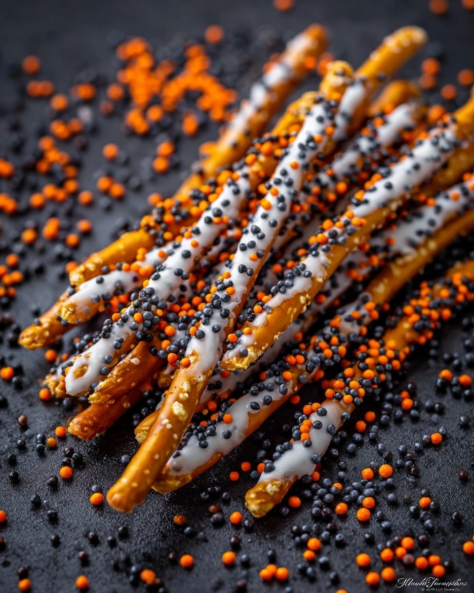 Thin pretzel sticks are partially covered in a light cream layer and sprinkled thickly with small round sprinkles in orange and black colors. The pretzel sticks are arranged in a scattered pile on a dark gray textured surface, with some sprinkles scattered around them, creating a festive look. photo taken with an iphone --ar 4:5 --v 7