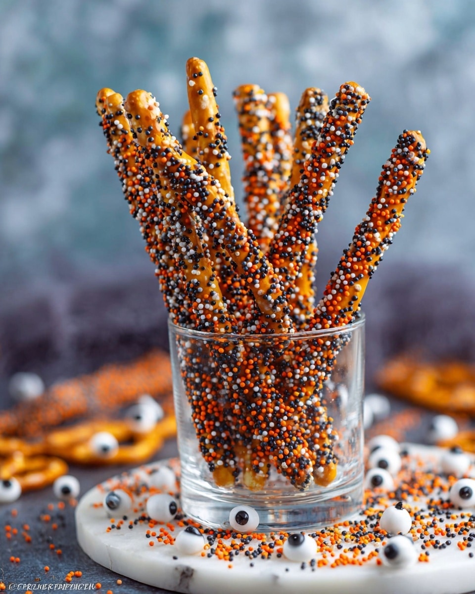 A pile of thin pretzel sticks coated with a smooth white layer, which is covered by small orange and black crunchy balls scattered unevenly on the sticks; the pretzels are placed on a dark surface with a few loose orange and black balls around them, creating a textured look focused mainly in the center of the image photo taken with an iphone --ar 4:5 --v 7