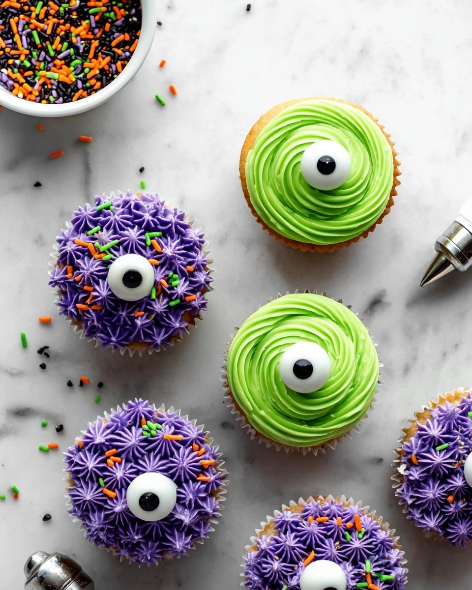 There are five cupcakes on a white marbled surface. Three cupcakes have bright purple frosting made of many small star-shaped swirls, decorated with white candy eyeballs and thin orange, green, and black sprinkles scattered on top. The other two cupcakes have smooth green frosting in a spiral swirl pattern, each topped with a single white candy eyeball with a black center. In the top left corner, there is a white bowl filled with orange, green, purple, and black sprinkles. A small metal piping tip with a bit of purple frosting is visible near the bottom edge of the image. photo taken with an iphone --ar 4:5 --v 7