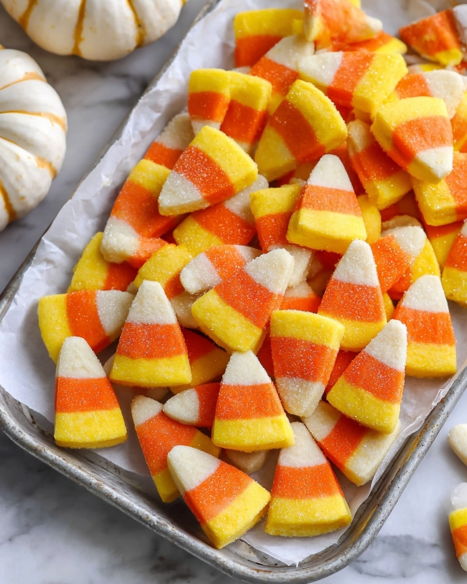 A metal tray lined with white parchment paper holds many small candy corn-shaped cookies. Each cookie has three distinct layers from bottom to top: a bright yellow base, an orange middle, and a white tip. The cookies have a smooth texture with a dusting of sugar crystals adding a slight sparkle. The setup sits on a white marbled surface with parts of small white pumpkins visible in the background. photo taken with an iphone --ar 4:5 --v 7