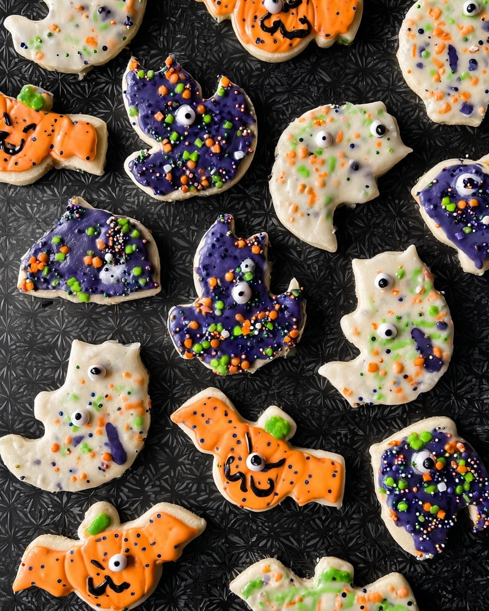 The image shows a black tile surface with a dozen light-colored Halloween-themed sugar cookies placed on it. The cookies are shaped like bats, ghosts, cats, pumpkins, and witches on brooms. Each cookie is decorated with colorful sprinkles in orange, purple, green, and black, along with candy eyeballs that add a spooky touch. The cookies have a slightly rough texture with small cracks and sprinkles evenly spread across the surface, giving a festive look. Photo taken with an iphone --ar 4:5 --v 7