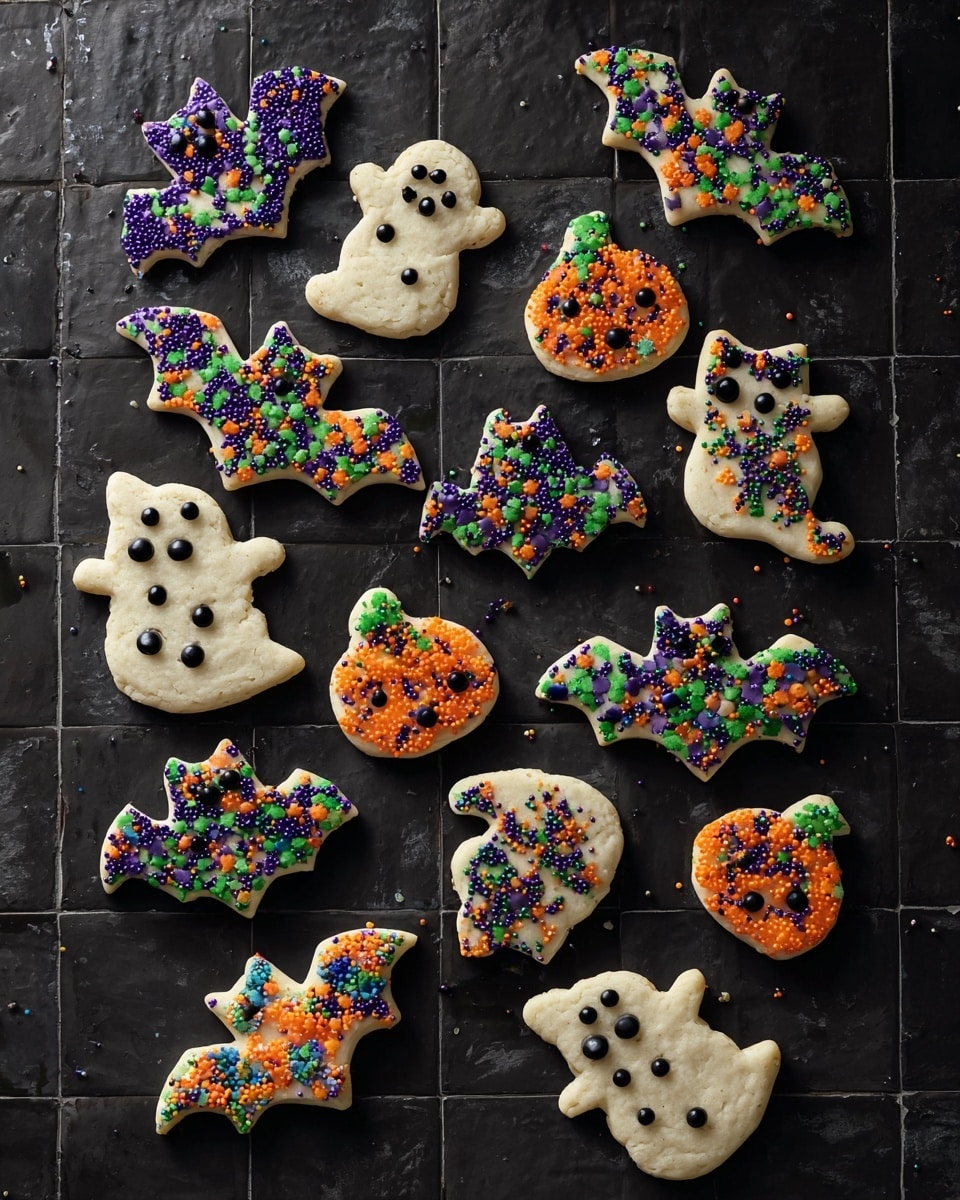 A group of eleven Halloween-themed sugar cookies is spread out over a black tiled surface. Each cookie is shaped like spooky objects such as bats, ghosts, cats, and pumpkins. The cookies are pale beige with a rough texture and decorated with colorful sprinkles in purple, green, orange, and black. Many feature small round candy eyes scattered across them, adding a playful, eerie detail. The sprinkles are mixed in patterns across each cookie, giving each a fun and festive look. The scene is simple and focuses on the varied shapes and colors of the cookies against the dark tiles. Photo taken with an iphone --ar 4:5 --v 7