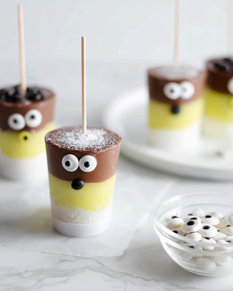 The image shows a layered treat on a white marbled surface, consisting of three clear layers in a small white cup: the bottom layer is white and powdery, the middle layer is smooth and bright yellow, and the top layer is thick, dark brown, and creamy with a stick inserted in the middle. Behind it, there are similar treats with faces made from small white candy eyes and black candy mouths placed on a white plate. On the right side, there is a clear glass bowl filled with small white candy eyes that have black pupils. Photo taken with an iphone --ar 4:5 --v 7