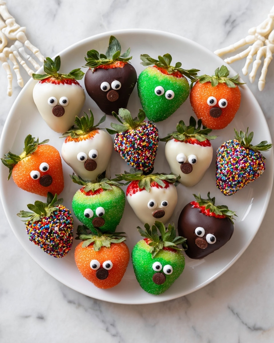 There are five strawberries on a long white plate with a wooden texture. Each strawberry is decorated like a fun face. The top strawberry is covered in bright orange sugar crystals with two white candy eyes and a dark chocolate circle as a mouth, with green leaves on top. Below it to the right, a strawberry dipped in dark chocolate with orange, green, and purple small round sprinkles around the bottom half, and green leaves on top. To the left, a strawberry is dipped in smooth white chocolate with two candy eyes and a dark chocolate mouth near the top with green leaves. Below to the right, a strawberry is covered in green sugar crystals with two candy eyes and green leaves on top. Lastly, at the bottom left, a strawberry is covered in white chocolate shaped like a mouth covering, with two candy eyes on top and green leaves at the back. The plate sits on a white marbled surface. photo taken with an iphone --ar 4:5 --v 7