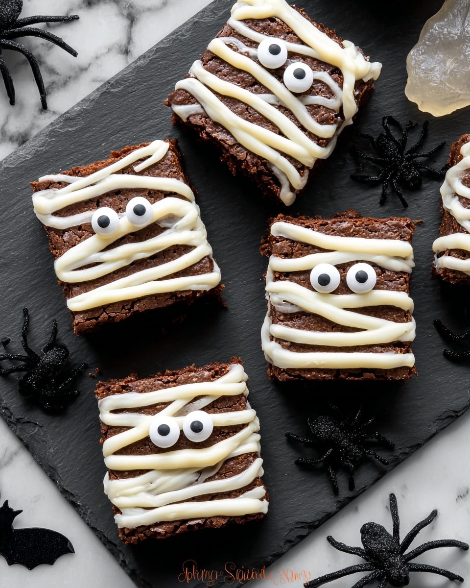 Five square brownies are arranged on a dark slate board set on a white marbled surface. Each brownie is decorated to look like a mummy with thick, uneven white frosting zigzagged across the top in multiple layers, resembling mummy wraps. Two round candy eyes with black pupils are placed near the top center of each brownie, giving them a playful, spooky look. Around the slate, there are black plastic spiders and a small translucent bat decoration on one side. The overall scene has a Halloween vibe with the dark desserts and creepy accents. photo taken with an iphone --ar 4:5 --v 7