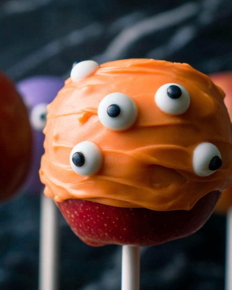 A close-up of a round apple pop covered halfway with smooth orange frosting that has a creamy texture. The frosting is decorated with candy eyes of different sizes, placed unevenly around the top half. The bottom half of the apple is visible, showing its red skin. The apple pop is held upright by a white stick. The background is dark but the apple pop is in clear focus, on a white marbled texture. Photo taken with an iphone --ar 4:5 --v 7
