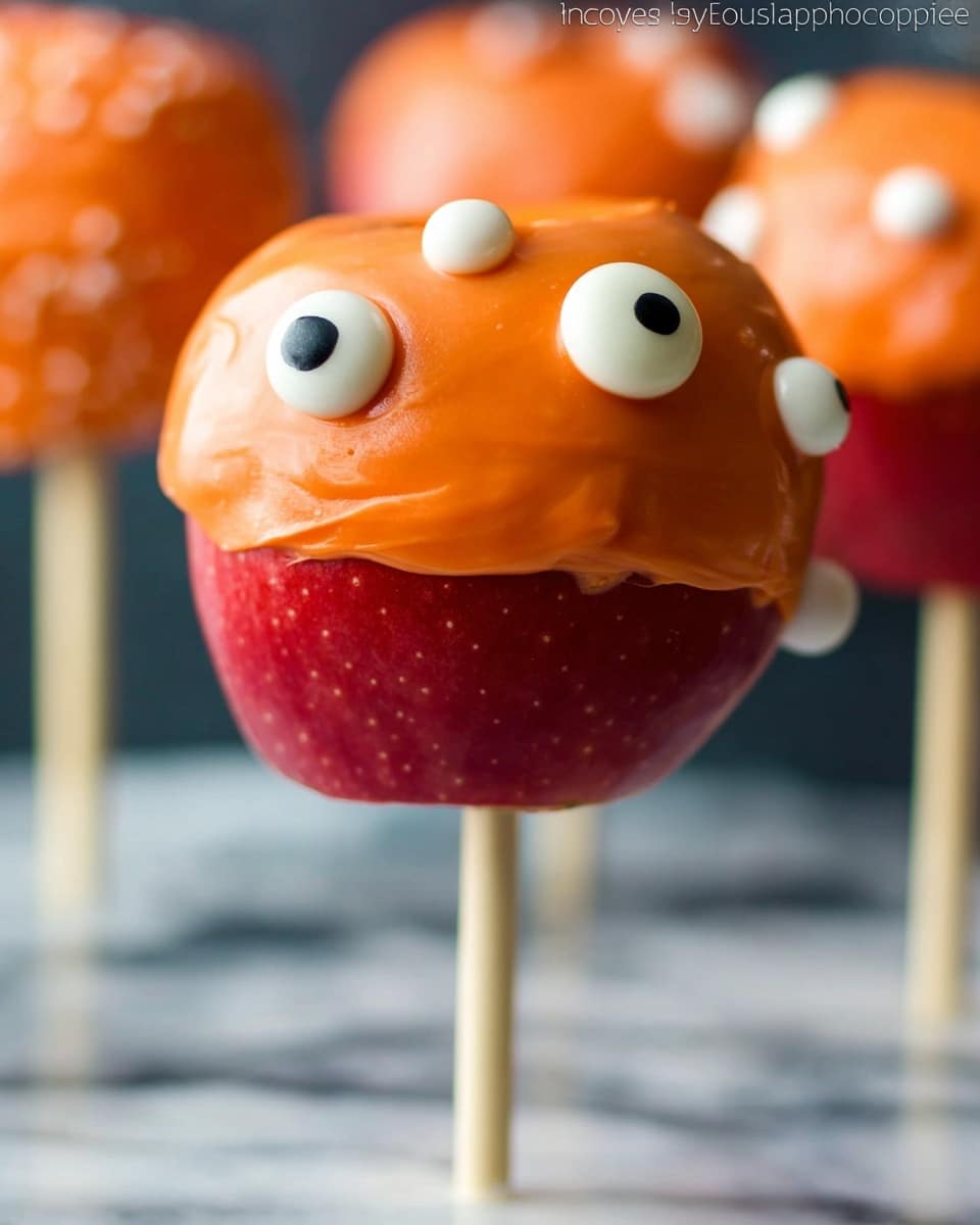 The image shows a red apple on a stick, partially covered with smooth, bright orange frosting that is spread unevenly in two layers, one thicker near the top and a thinner layer below, leaving some of the apple exposed at the bottom. The orange frosting is decorated with several small, round white candy eyes with black centers scattered around the surface, and one bigger eye on the top right side. The apple pops stand upright on a white marbled surface and there are blurred similar apple pops in the background. photo taken with an iphone --ar 4:5 --v 7