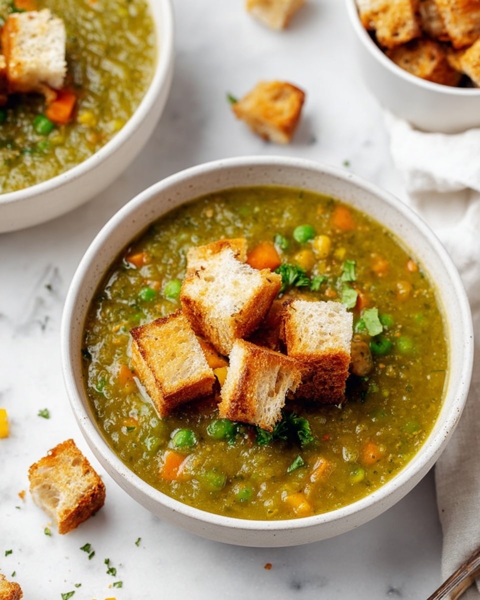 A white bowl filled with thick green soup that has visible small chunks of vegetables like orange carrots and green peas inside, topped with several golden-brown toasted bread cubes and small green parsley leaves scattered on top. The bowl sits on a white marbled surface with some loose toasted bread cubes placed nearby, and a white smaller bowl filled with more toasted bread cubes is partly visible in the background. photo taken with an iphone --ar 4:5 --v 7