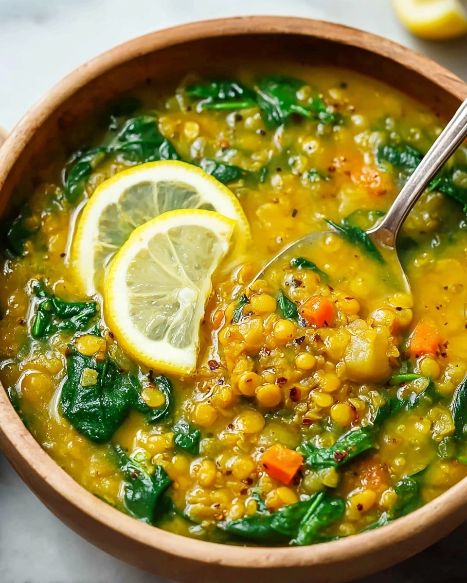 A close-up of a bowl with a thick yellow lentil soup that has visible lentils, green spinach leaves, and small orange carrot pieces mixed throughout. Two thin lemon slices float on the surface towards the edge of the bowl. The bowl is round and white, resting on a white marbled surface. A spoon is partly dipped into the soup, showing the texture of the lentils and spinach. photo taken with an iphone --ar 4:5 --v 7