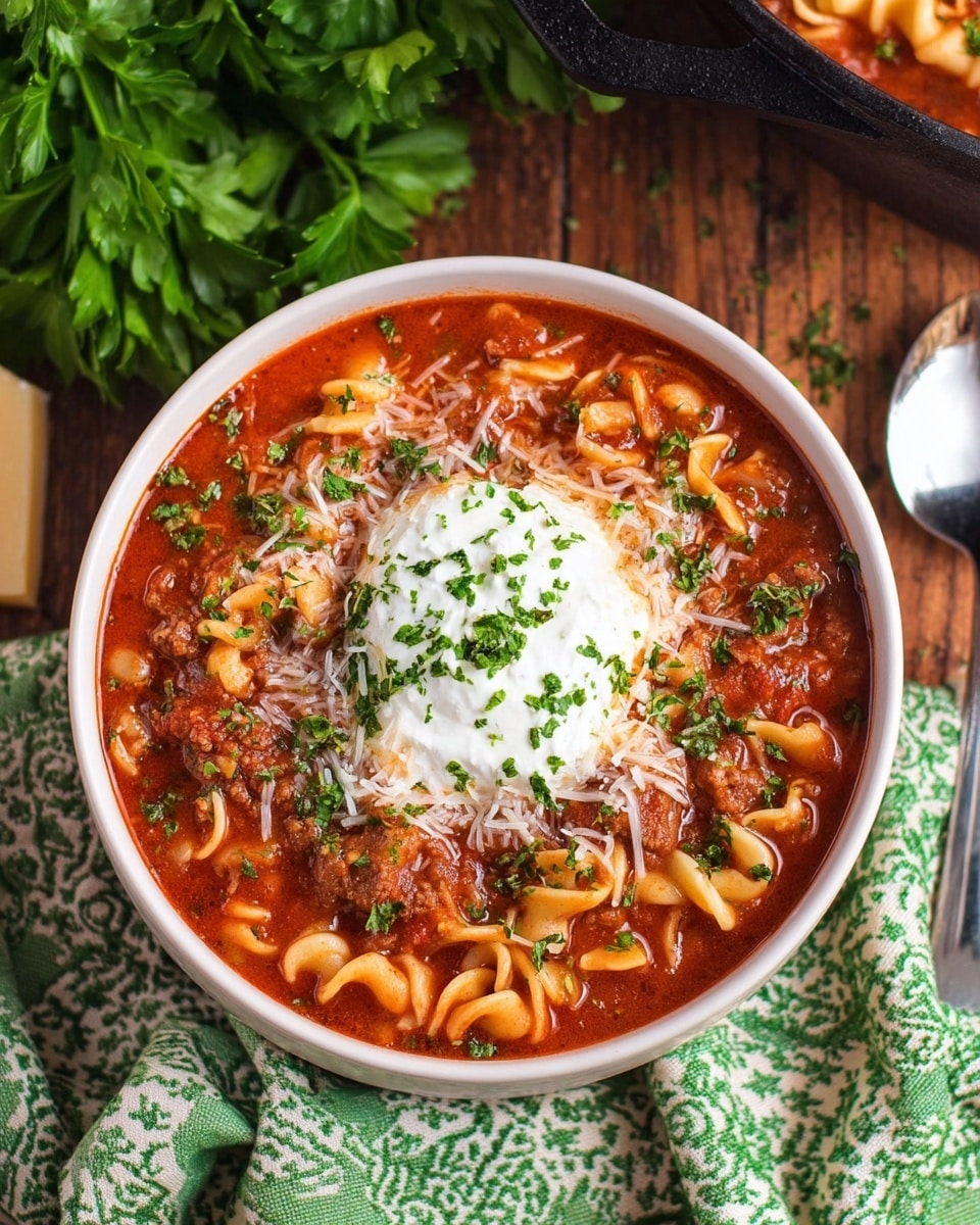 A white bowl filled with a thick, creamy tomato-based pasta soup with several wide, flat pasta pieces and curly pasta mixed in. The soup has small brown meat pieces and bright red tomato chunks, all topped with chopped green herbs. A silver spoon stands inside the bowl, and a beige wedge of cheese with a slicer is visible in the background. A green and white patterned cloth is draped in the foreground on a white marbled surface. Photo taken with an iphone --ar 4:5 --v 7