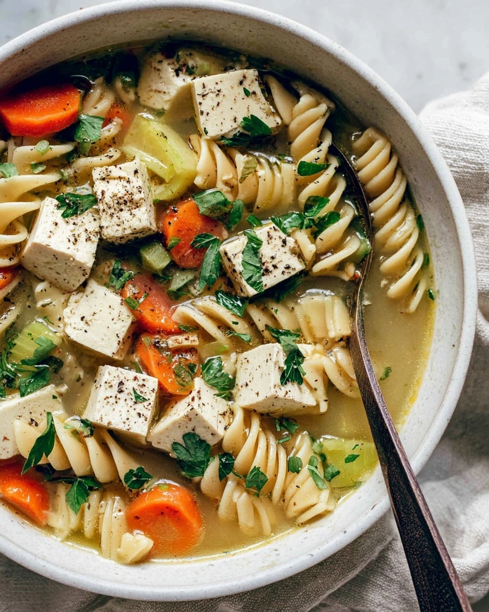 A close-up view of a white bowl filled with clear broth soup containing light brown spiral pasta, large off-white tofu cubes sprinkled with black pepper, orange carrot chunks, and pale green celery slices. Fresh green parsley pieces are scattered on top, and a spoon with a dark handle rests inside the bowl. The bowl sits on a white marbled surface with a light-colored cloth partially visible underneath. Photo taken with an iphone --ar 4:5 --v 7