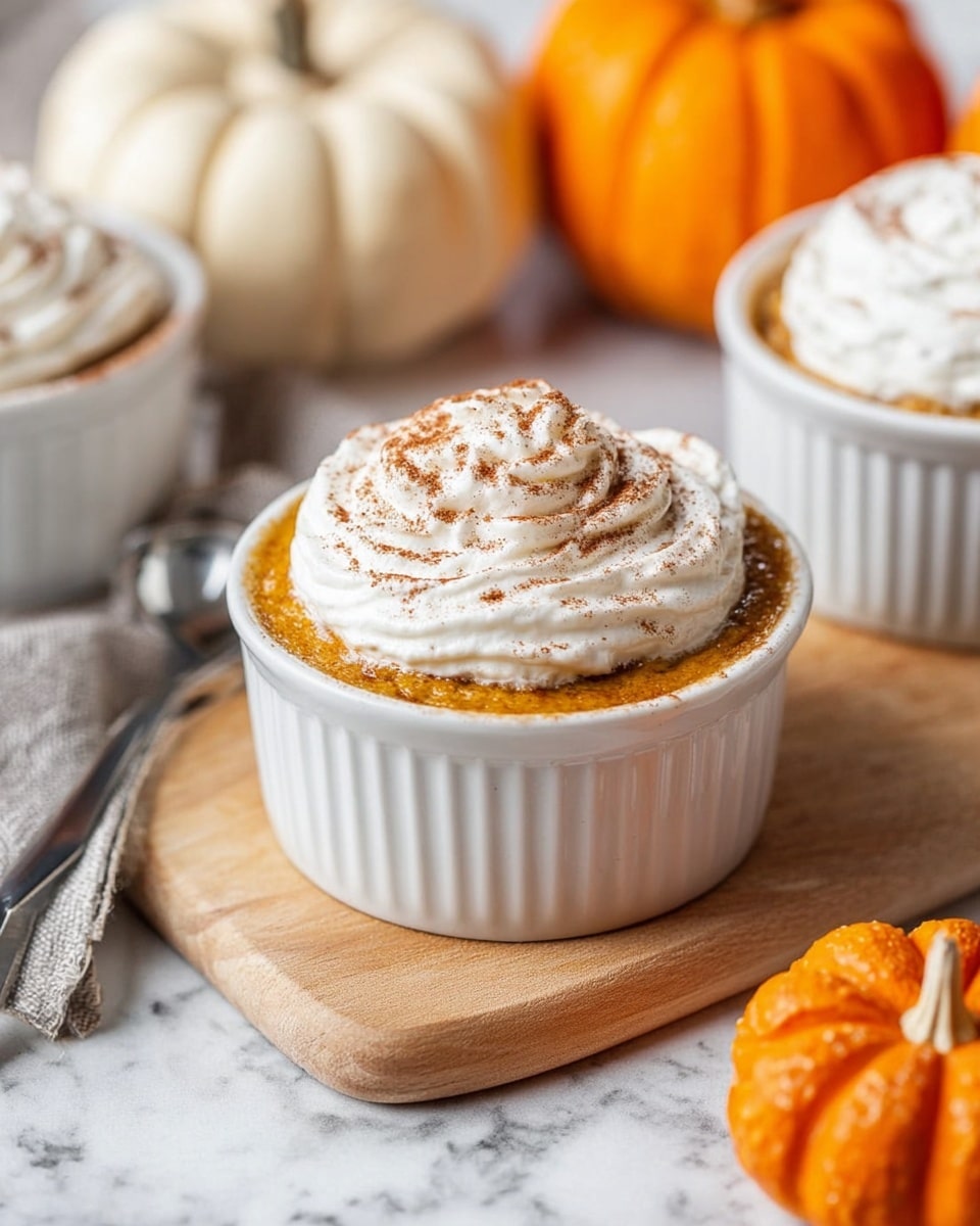 The image shows a white ramekin filled with a smooth orange pumpkin layer at the bottom, topped with a thick swirl of white whipped cream dusted with light brown cinnamon powder. The ramekin is placed on a light wooden board set on a white marbled surface, with more ramekins filled with the same dessert and decorative orange and white pumpkins blurred in the background. Photo taken with an iphone --ar 4:5 --v 7