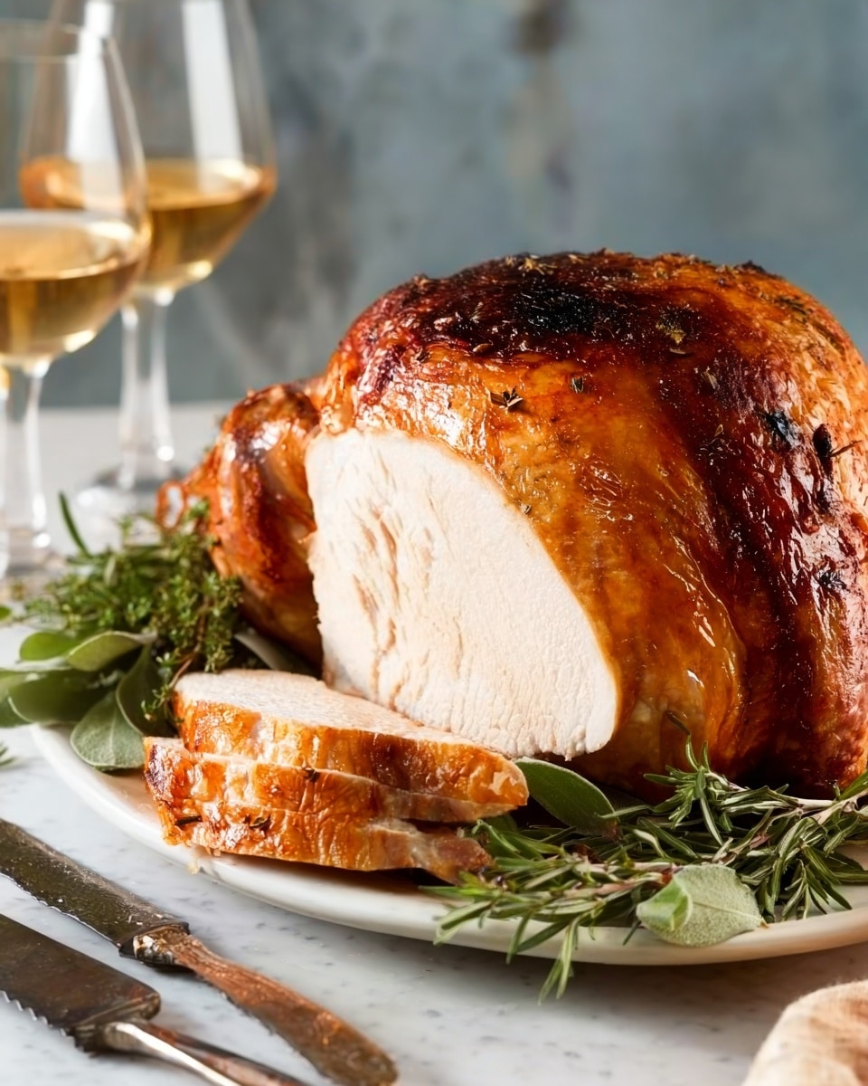 A whole golden brown roasted turkey sits on a silver platter placed on a wooden table. The turkey's outer skin is crispy and shiny, with a darker golden hue on the top and lighter on the sides. A large white slice of turkey meat is cut and rests against the turkey, showing the soft, juicy inside. Around the turkey on the platter, there are green rosemary sprigs adding a fresh touch. In the background, there are glasses filled with a sparkling light golden drink, and white plates are stacked nearby on the table. The whole scene is set on a white marbled surface. photo taken with an iphone --ar 4:5 --v 7
