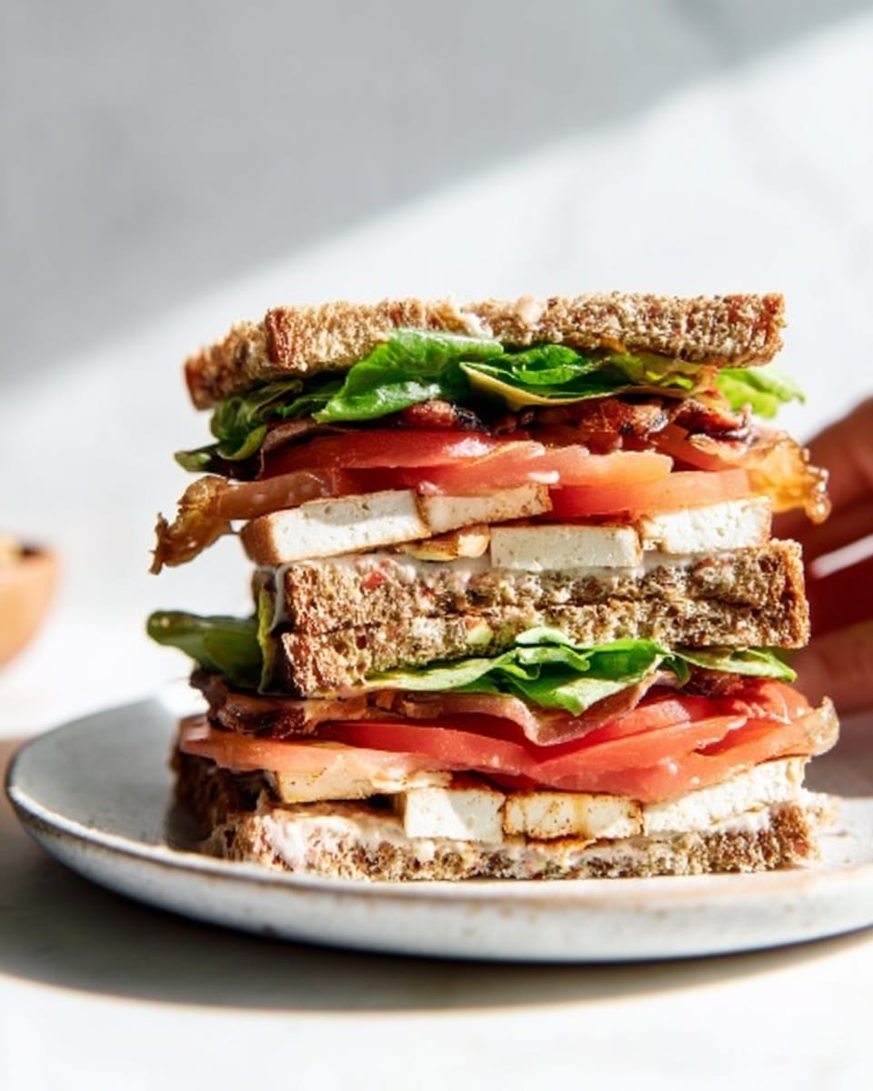 The image shows a sandwich cut in half stacked on a white plate with a silver knife beside it. The sandwich has three layers of lightly toasted whole grain bread with visible seeds. The bottom layer contains slices of white turkey and thick slices of red tomato. The middle layer has crisp green lettuce and crispy brown bacon strips. The top layer also has more slices of turkey, fresh tomato pieces, and a bit of green lettuce. The background is a white marbled surface with a small blurred bowl and green leaves on the side. Photo taken with an iphone --ar 4:5 --v 7