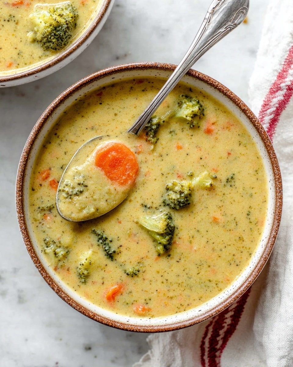 A round bowl filled with thick, creamy broccoli soup that has a light yellow color with green broccoli pieces and orange carrot slices scattered throughout. A silver spoon is inside the bowl, holding some soup and a visible round carrot slice. Part of another bowl filled with the same soup can be seen in the top left corner. The bowl is set on a white marbled surface next to a white cloth with red stripes on the right side. The bowl’s edge is thin and brownish with a speckled texture. Photo taken with an iphone --ar 4:5 --v 7