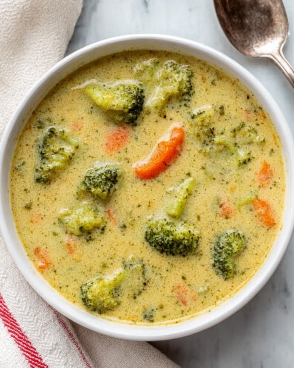 A white bowl filled with creamy broccoli soup sits on a white marbled surface. The soup has a light green-yellow color with visible pieces of bright green broccoli florets and small slices of orange carrot floating on top. The texture looks smooth but with chunky vegetable bits spread evenly throughout. A silver spoon rests beside the bowl, and a white cloth with a red striped edge is partially visible near the bowl. Photo taken with an iphone --ar 4:5 --v 7