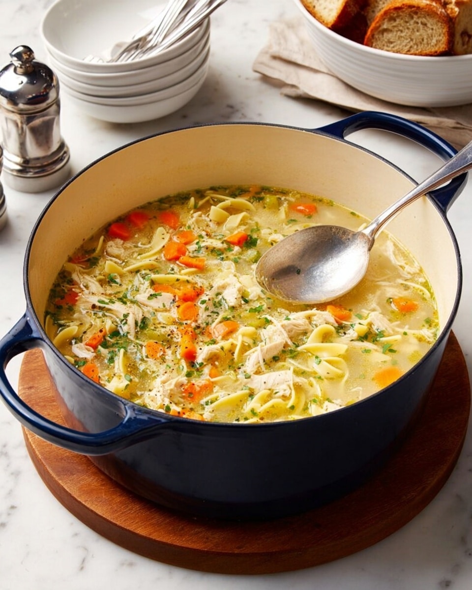 A large dark blue pot filled with creamy chicken noodle soup, showing three visible layers: the top layer with scattered bright orange carrot pieces and finely chopped green herbs, the middle layer with light golden-yellow noodles and tender white chicken chunks, and the bottom layer with a smooth, pale yellow broth. A silver spoon rests inside the pot, partially submerged in the soup. The pot sits on a round wooden board placed on a white marbled surface. In the background, there is a white bowl stacked with white bowls and forks, a salt and pepper shaker set, and a white bowl holding sliced bread. photo taken with an iphone --ar 4:5 --v 7